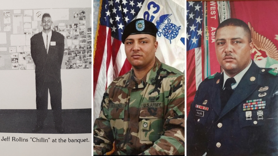 Jeff in high school; active Army photo; and military photo of Jeffrey